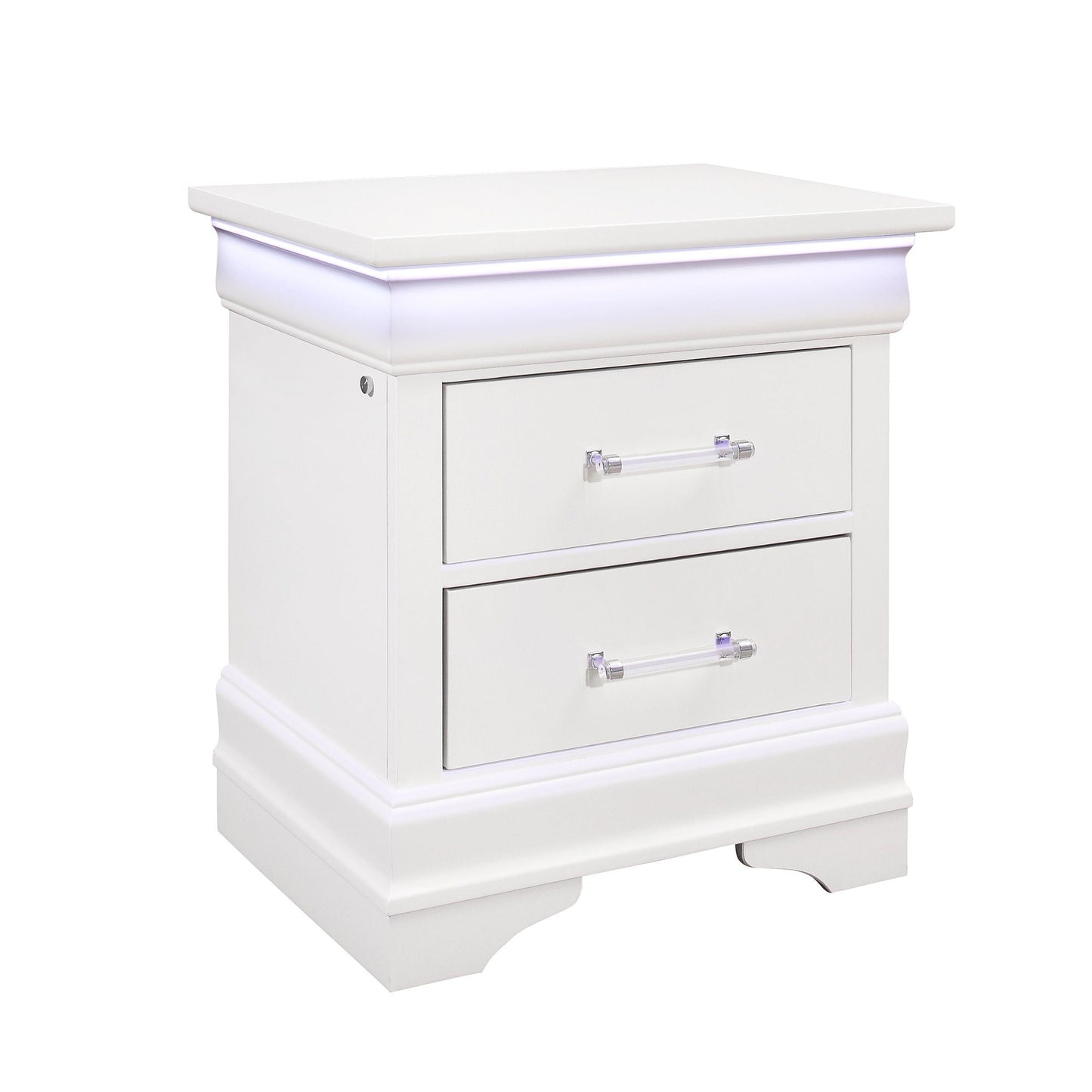 Charlston 5 Piece Bedroom Set white nightstand with LED glow crystal pulls HouseOfZazla on Tampa Home & Garden Store