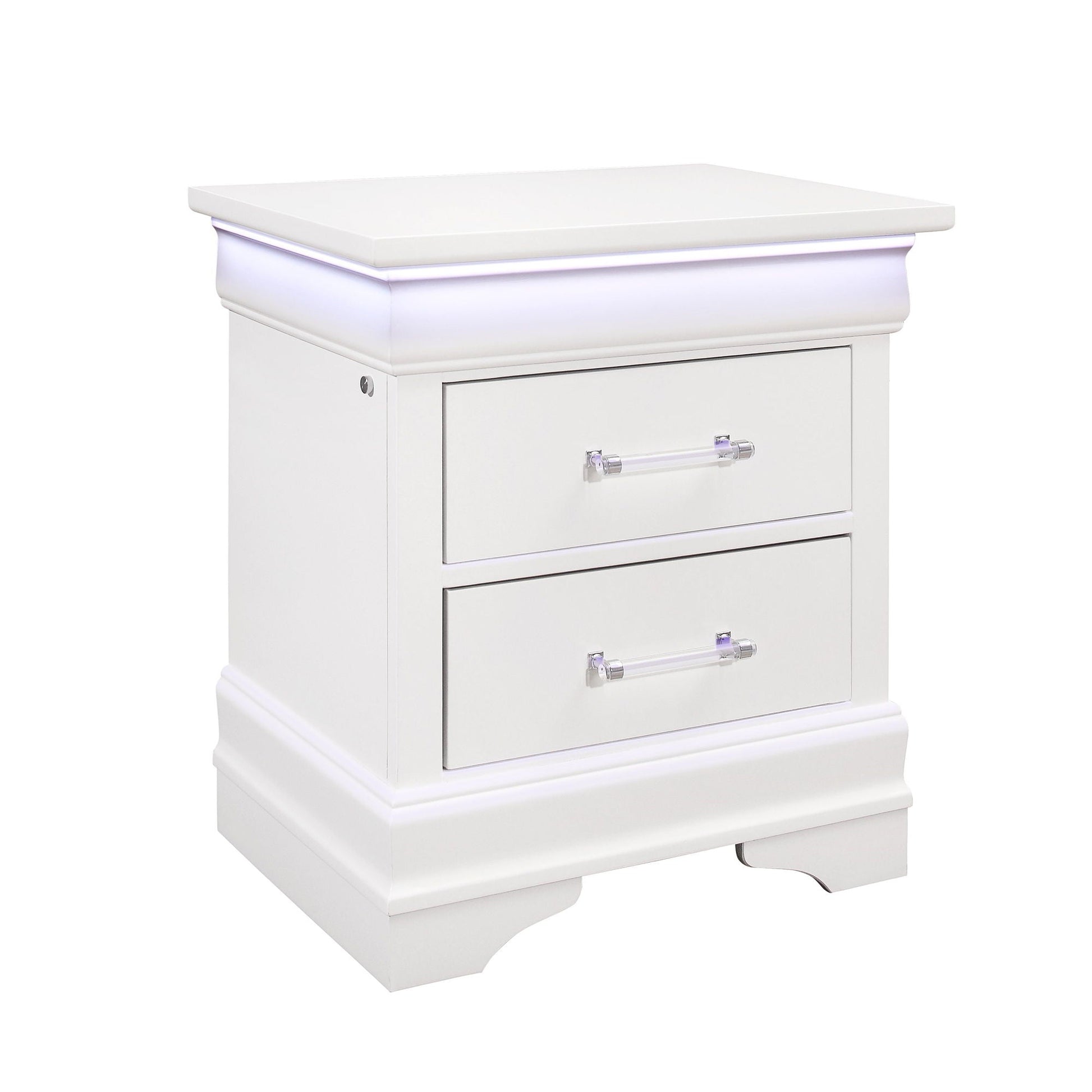 Charlston 5 Piece Bedroom Set white nightstand with LED glow crystal pulls HouseOfZazla on Tampa Home & Garden Store