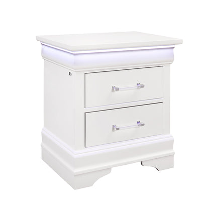 Charlston 5 Piece Bedroom Set white nightstand with LED glow crystal pulls HouseOfZazla on Tampa Home & Garden Store