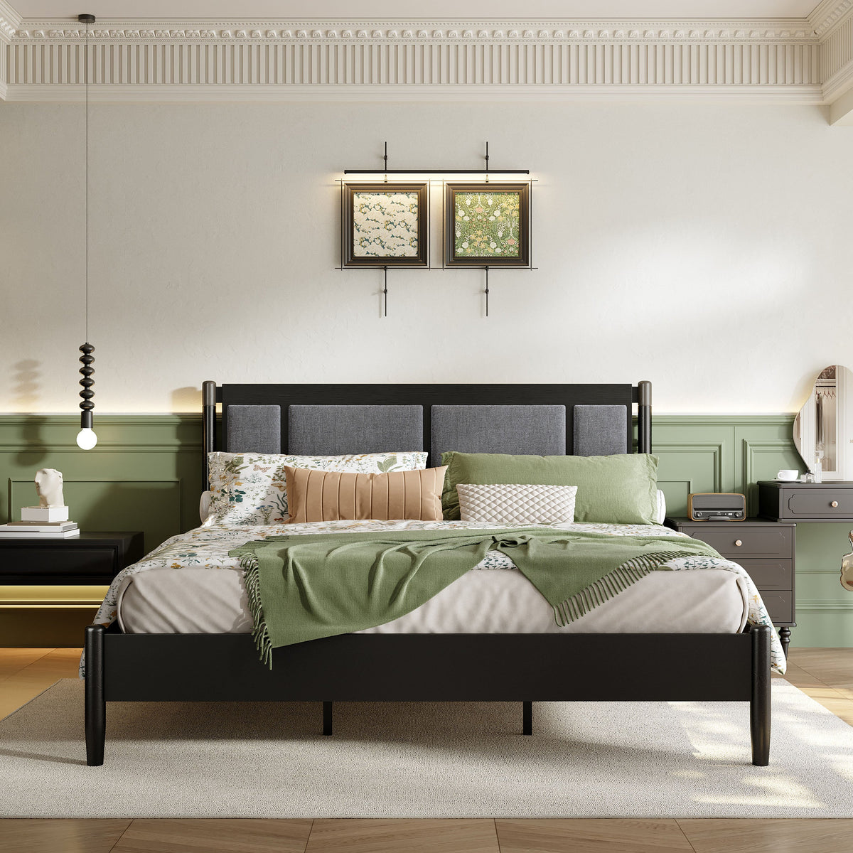 Solid Wood King Bed by HouseOfZazla with heavy-duty slat support and no box spring, black frame on Tampa Home & Garden Store