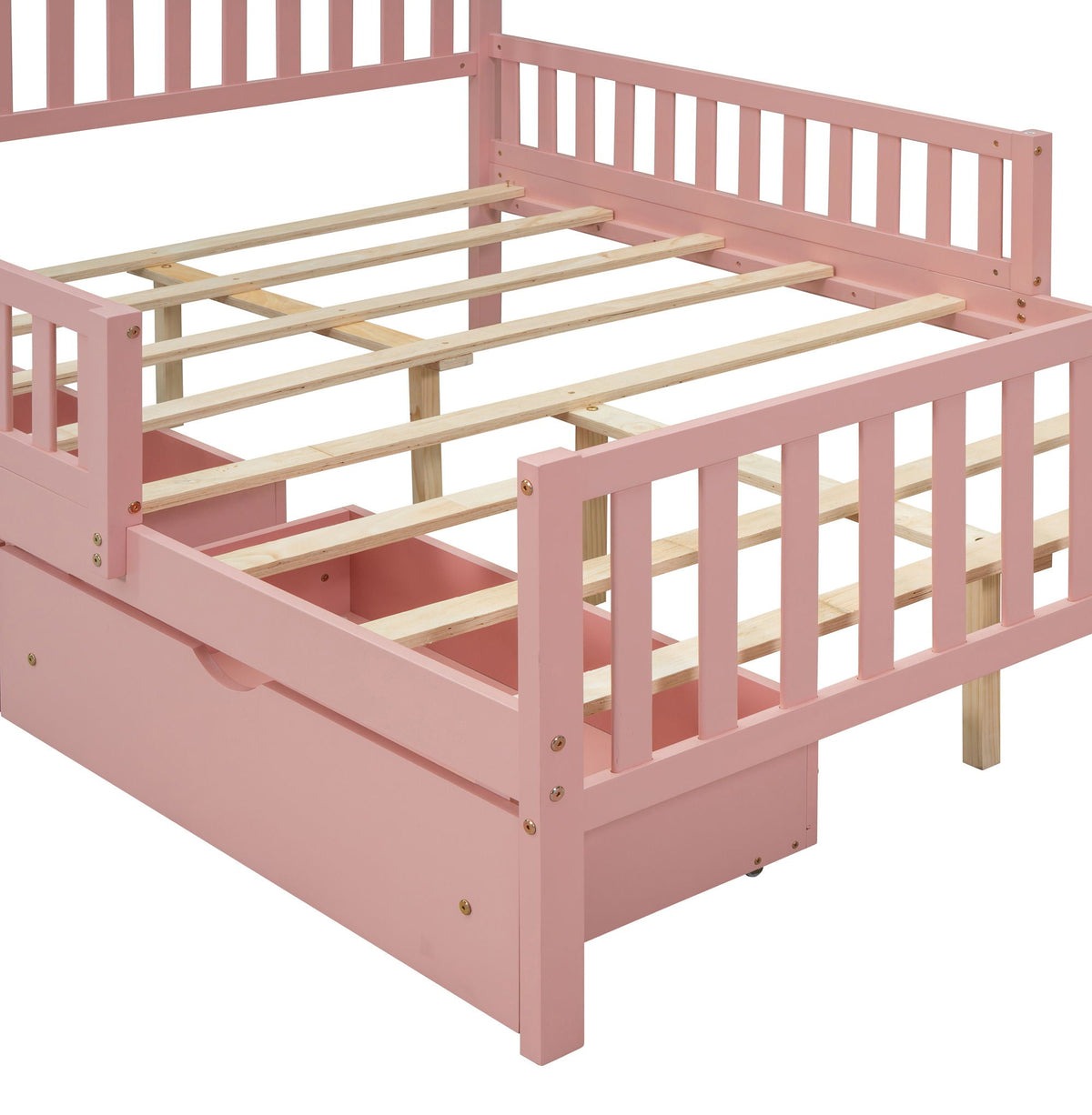 Platform bed pink guardrails on both sides with light wood slats and 2 drawers HouseOfZazla on Tampa Home & Garden Store