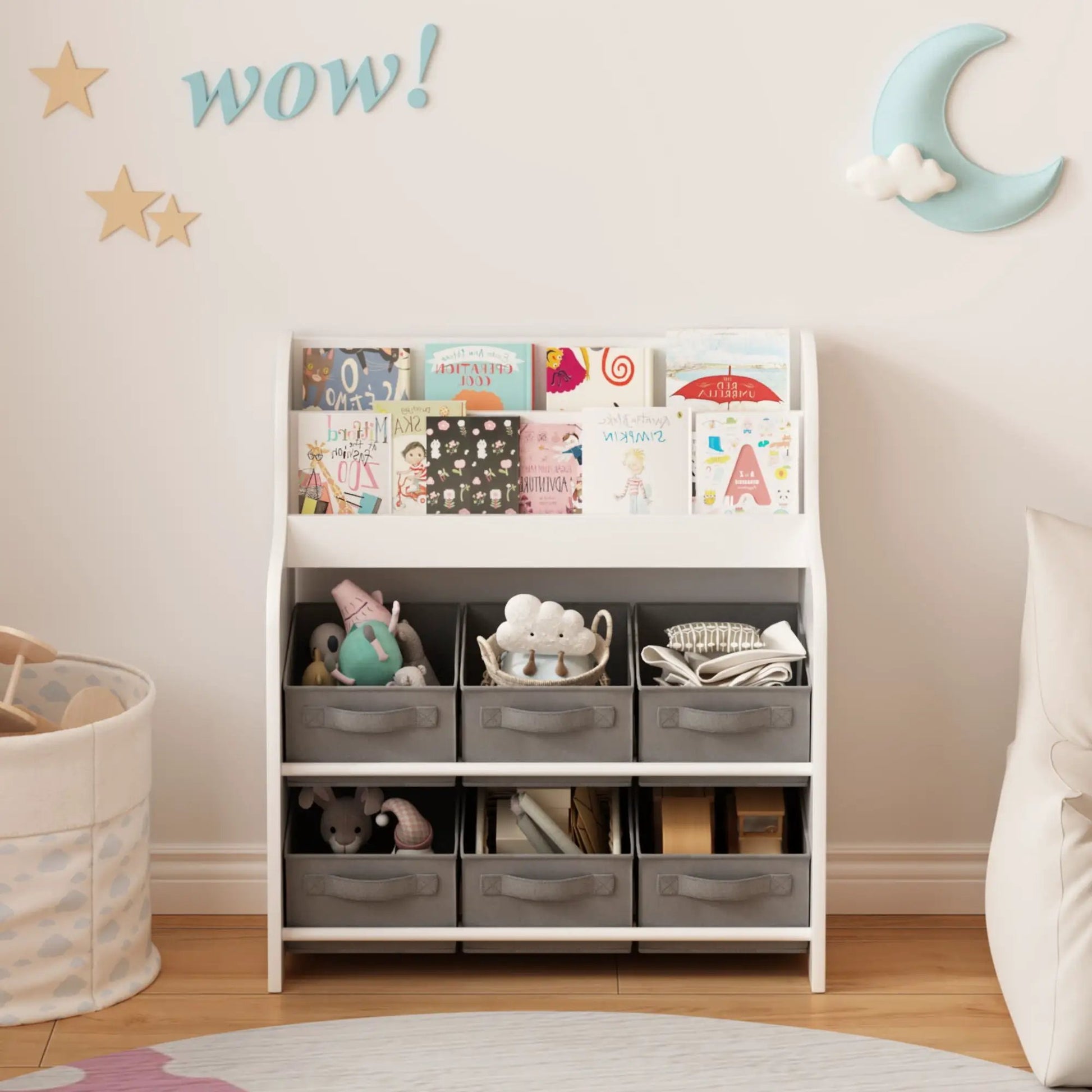Bookshelf with 6 gray fabric storage bins and toy organizer, white by Unique Piece Furniture on Tampa Home & Garden Store