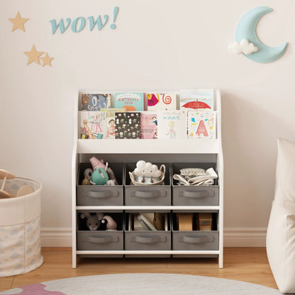 Bookshelf with 6 gray fabric storage bins and toy organizer, white by Unique Piece Furniture on Tampa Home & Garden Store