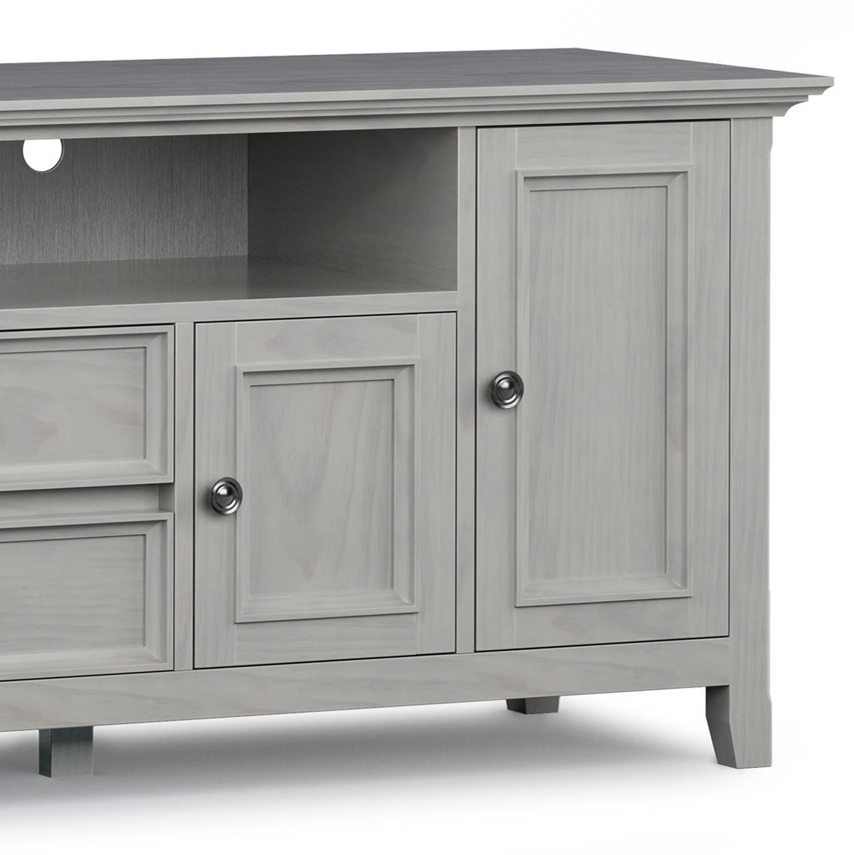 Wide solid wood TV stand in gray-washed finish with open shelf and two paneled doors on Tampa Home & Garden Store