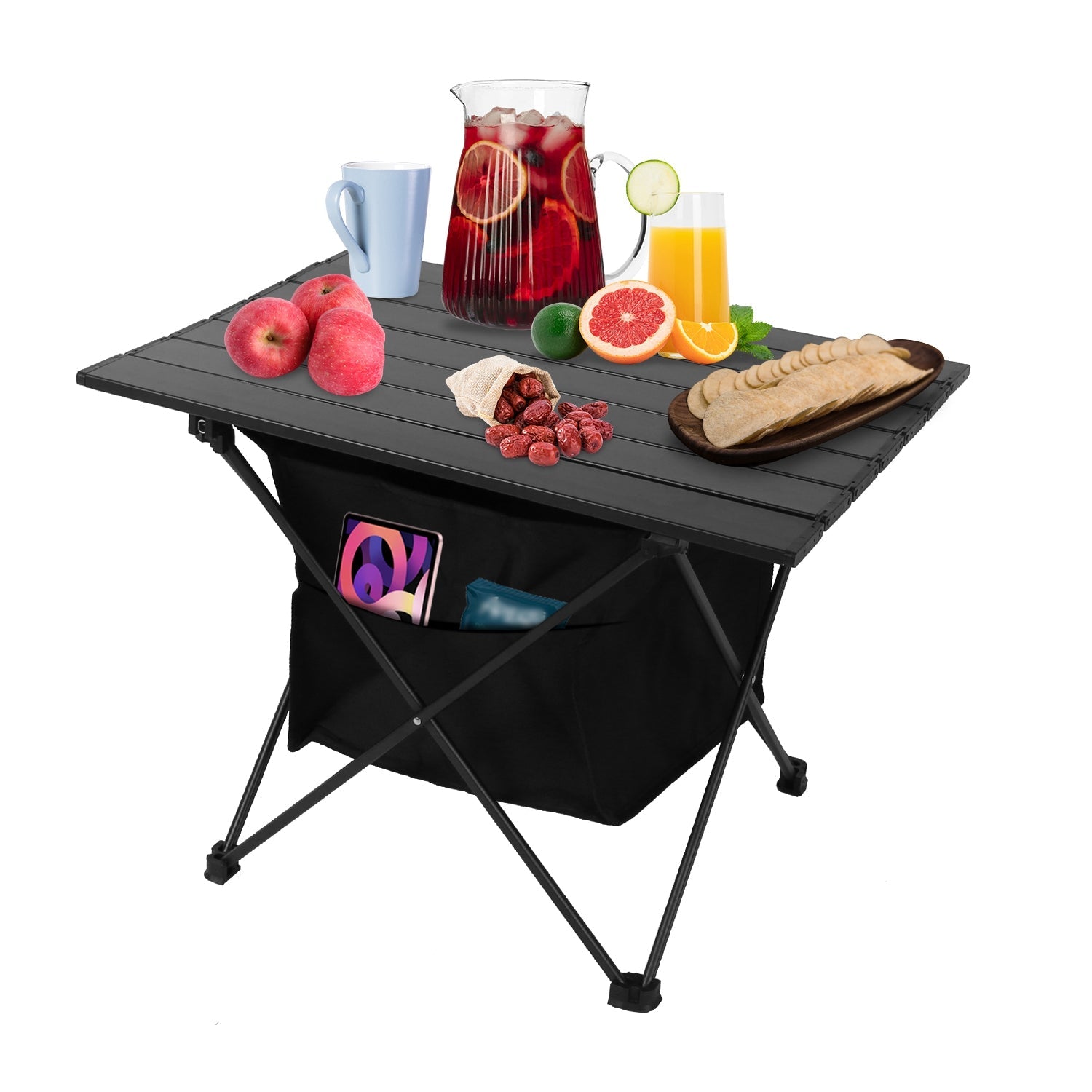 GemGear foldable camping table with storage basket, rustproof aluminum top, black carrying bag on Tampa Home & Garden Store