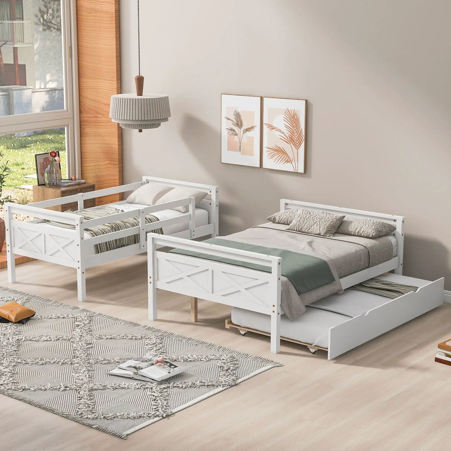 White bunk bed with ladder and safety guardrail by Unique Piece Furniture in a kids room on Tampa Home & Garden Store
