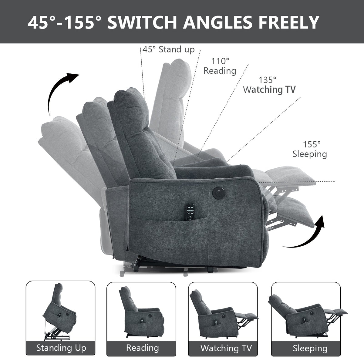 Grey chenille single-motor power lift recliner chair by HouseOfZazla in recliner style on Tampa Home & Garden Store