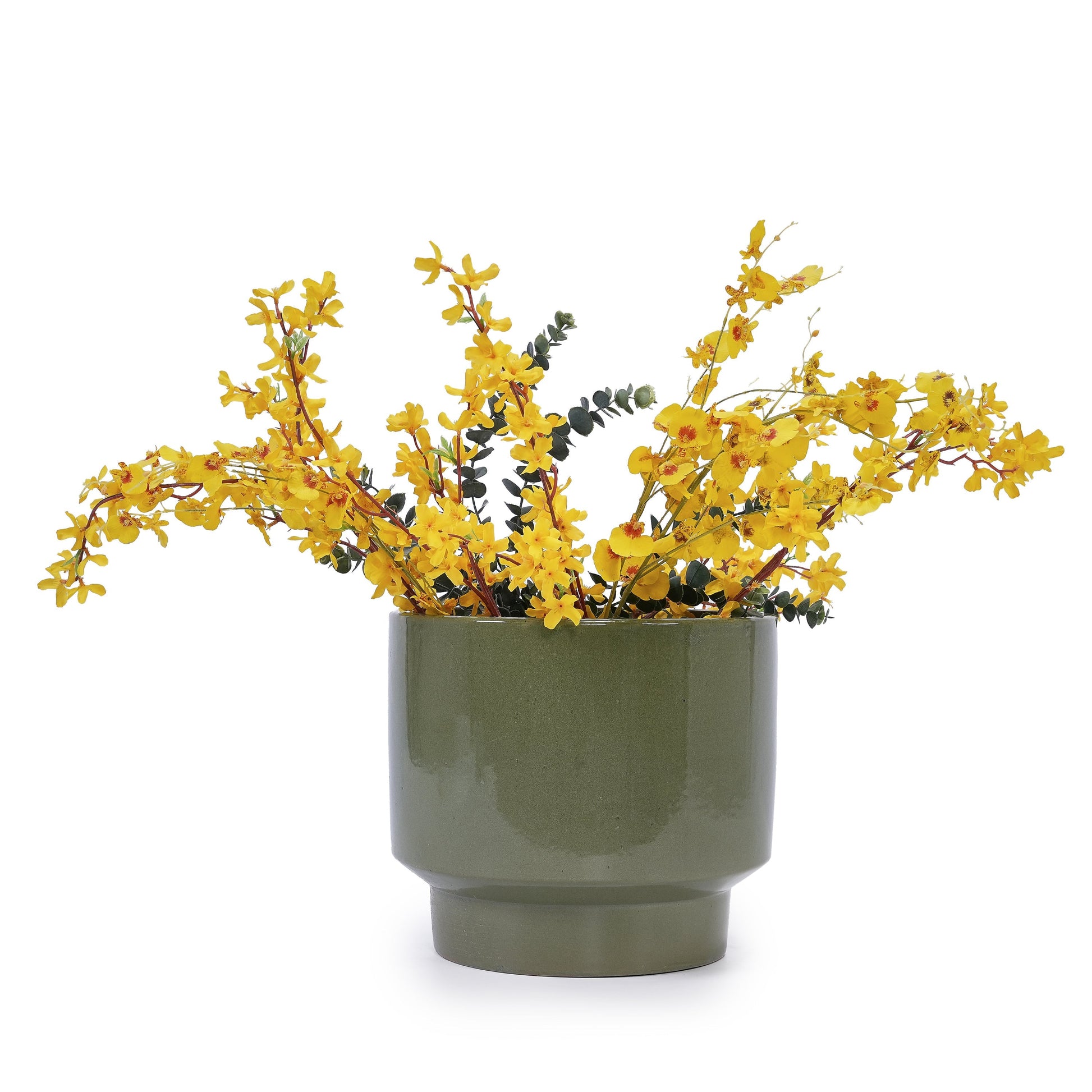 3 Pieces Ceramic Flowerpot Set Antique Light Green olive planter with bright yellow blossoms on Tampa Home & Garden Store