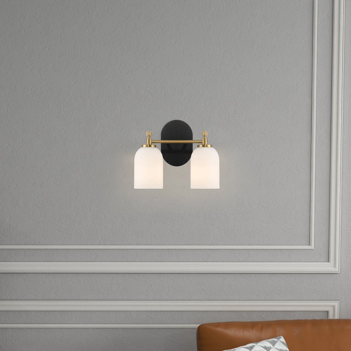 2-light sconce with frosted glass shades, black backplate and gold accents HouseOfZazla on Tampa Home & Garden Store