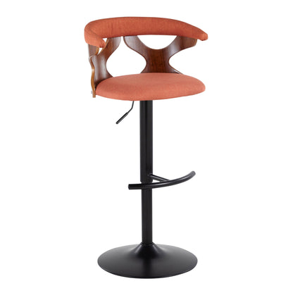 Contemporary adjustable barstool with orange upholstery, swivel and wooden back on Tampa Home & Garden Store