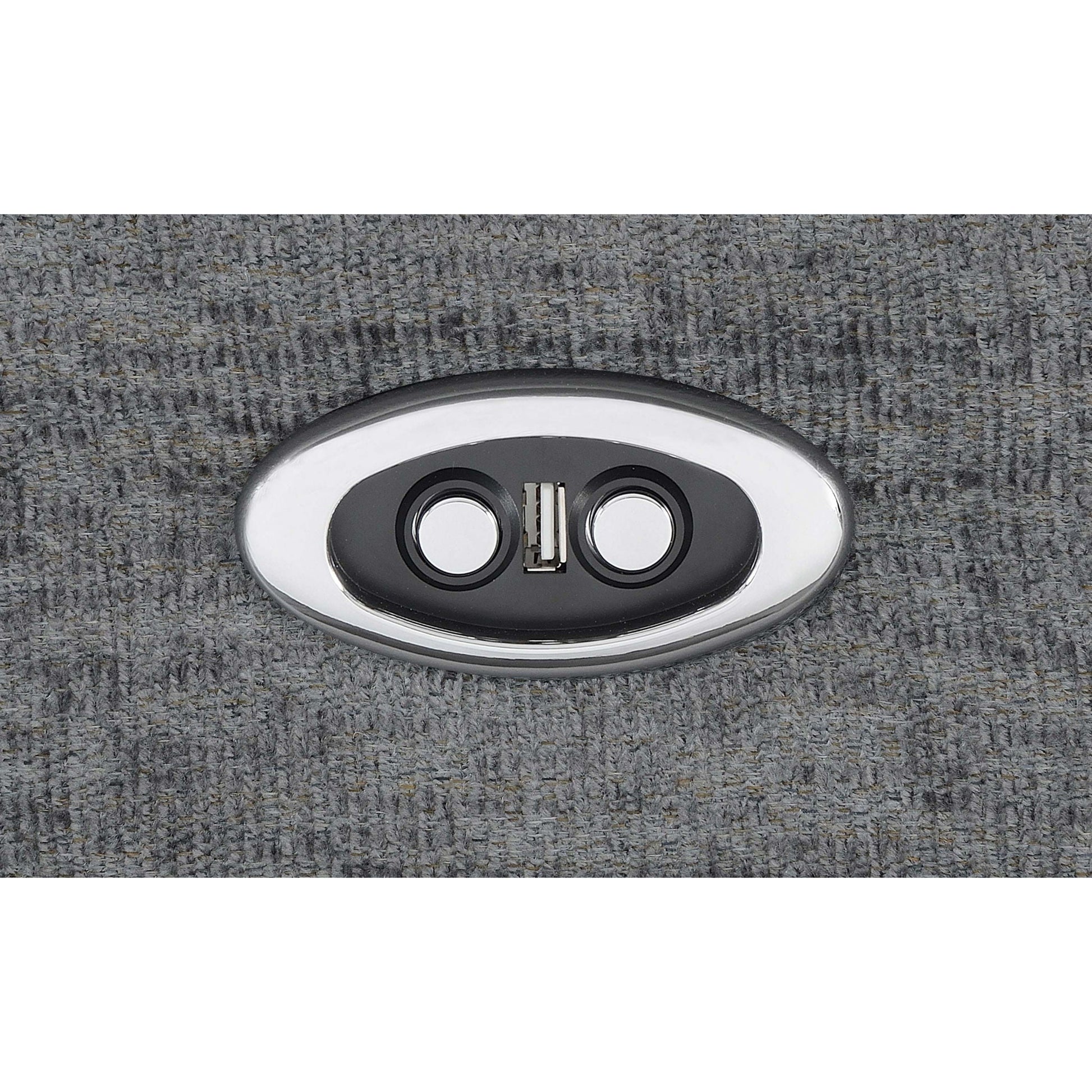 Divine reclining sectional control panel, silver with two round dials on gray carpet on Tampa Home & Garden Store