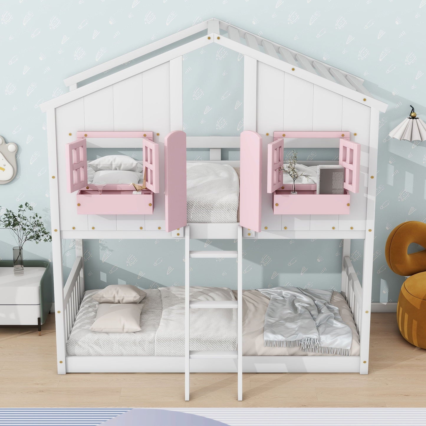 House Bunk Bed with Roof white frame, pink window boxes, guardrails and ladder for dual beds on Tampa Home & Garden Store