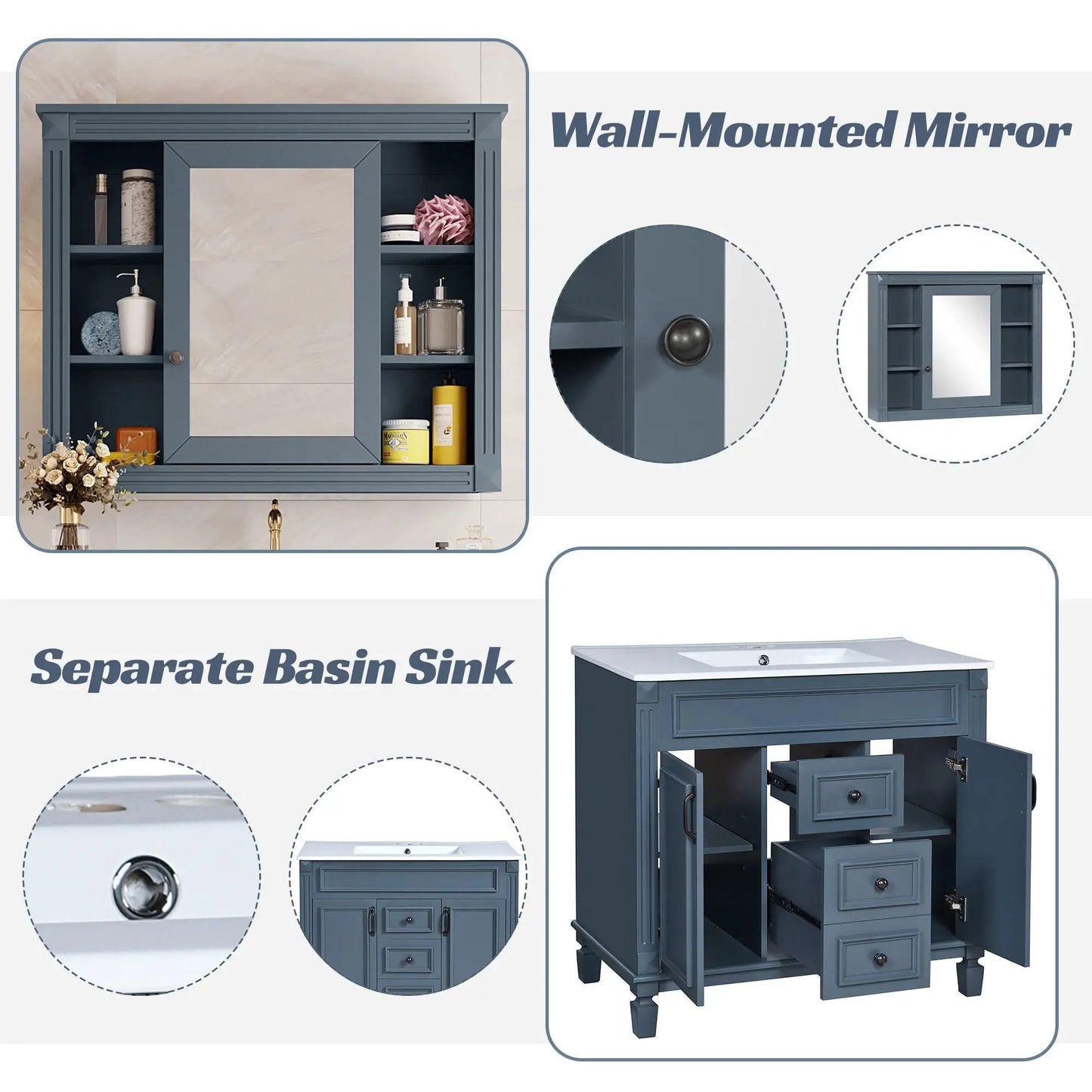 Bathroom vanity with top sink and mirror cabinet in blue-gray; 2 soft-close doors 2 drawers on Tampa Home & Garden Store