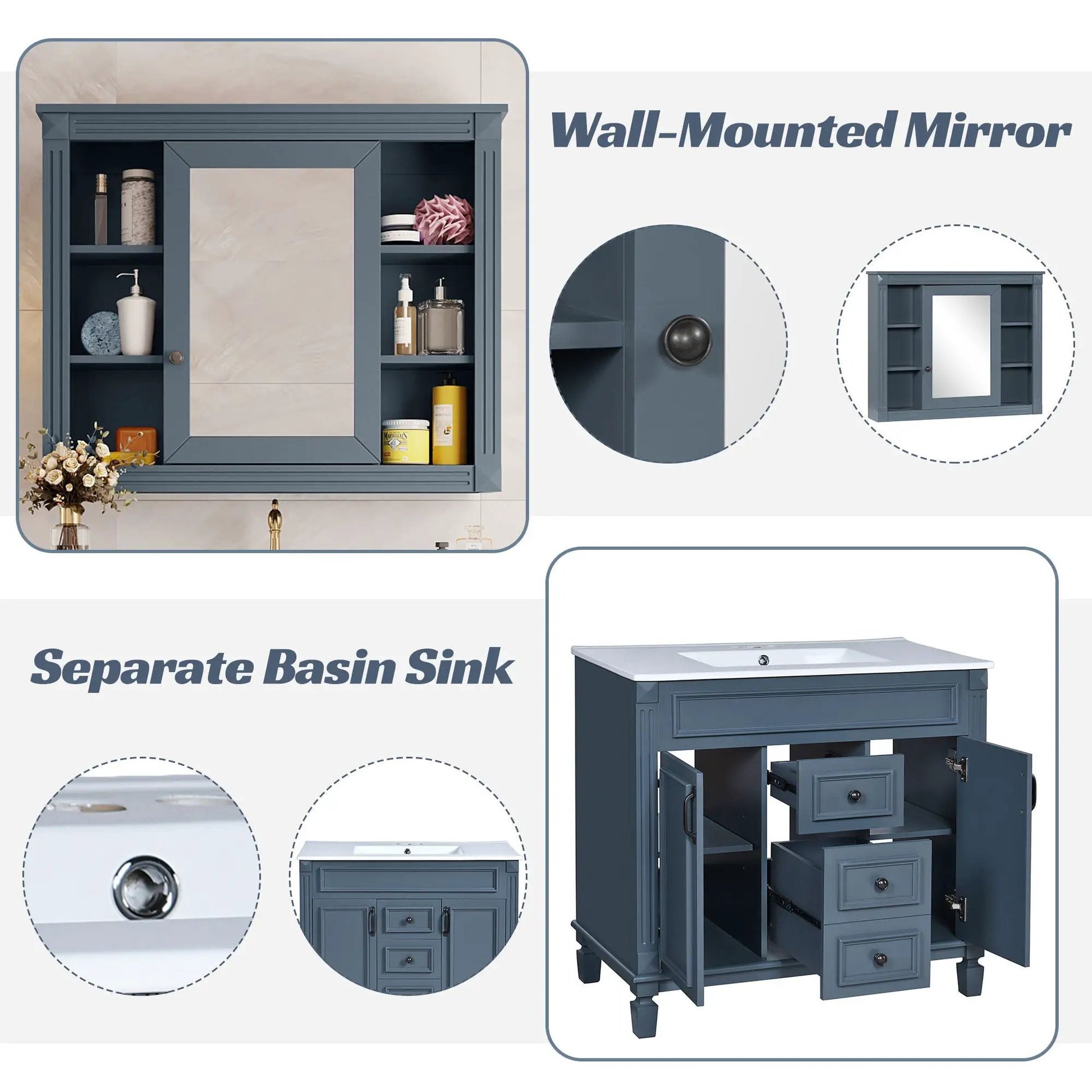 Bathroom vanity with top sink and mirror cabinet in blue-gray; 2 soft-close doors 2 drawers on Tampa Home & Garden Store