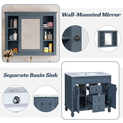 Bathroom vanity with top sink and mirror cabinet in blue-gray; 2 soft-close doors 2 drawers on Tampa Home & Garden Store