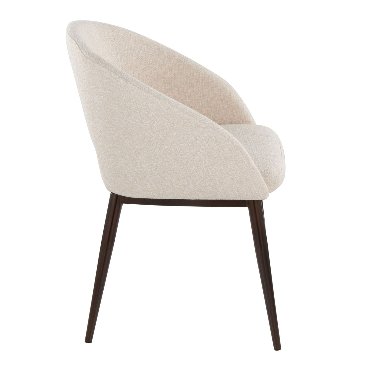 Contemporary arm chair with cut-out backrest in beige fabric and dark wood legs on Tampa Home & Garden Store