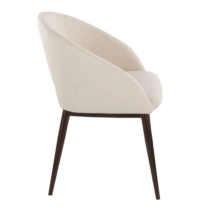 Contemporary arm chair with cut-out backrest in beige fabric and dark wood legs on Tampa Home & Garden Store