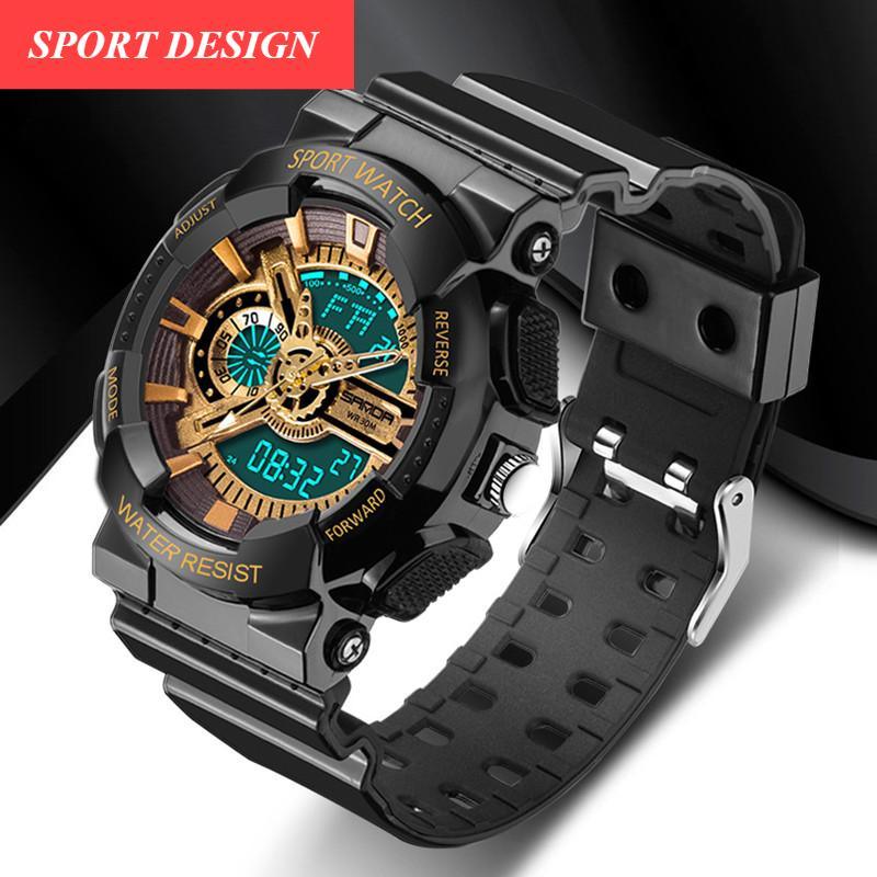 Stevvex sport watch black rugged case with gold-tone dial and LED display, 30M WR on Tampa Home & Garden Store