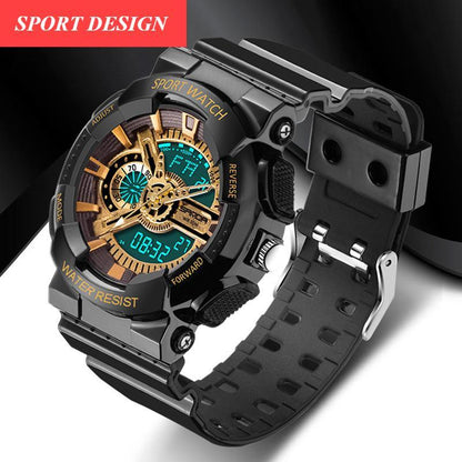 Stevvex sport watch black rugged case with gold-tone dial and LED display, 30M WR on Tampa Home & Garden Store