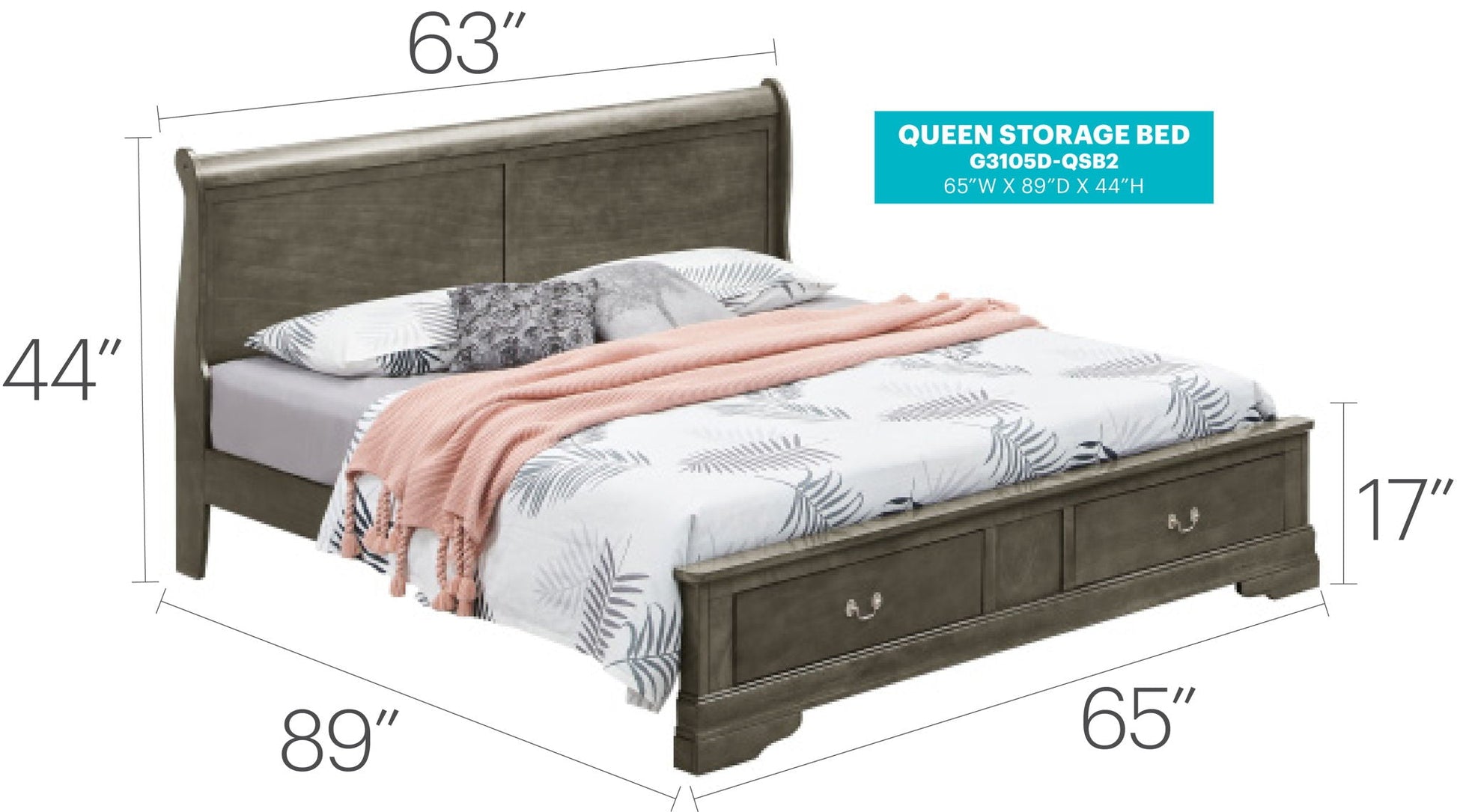 HouseOfZazla upholstered panel sleigh bed with brown wood finish and two storage drawers queen on Tampa Home & Garden Store