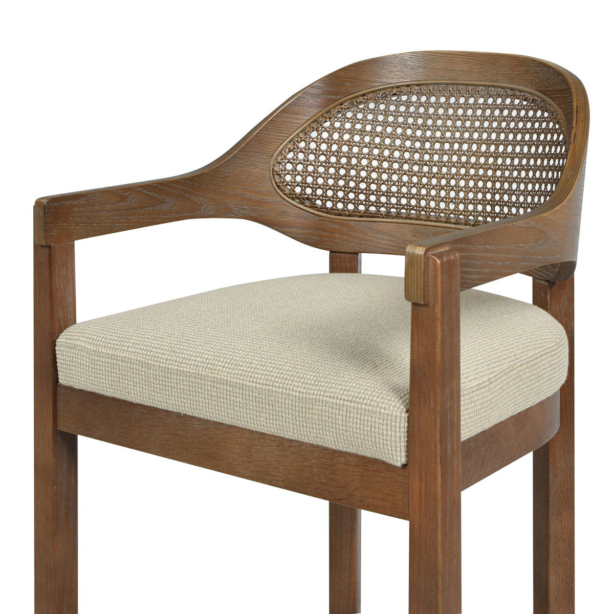 Mid-Century Cane Back Counter Stool with Barrel Back in beige upholstery — HouseOfZazla on Tampa Home & Garden Store