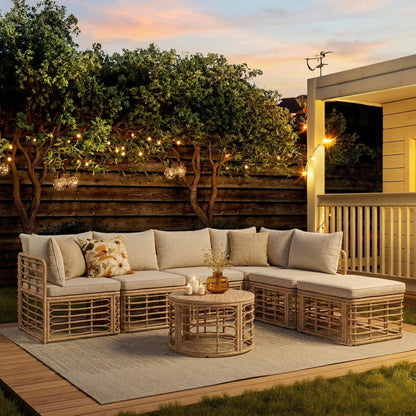 7-Piece all-weather rattan outdoor furniture set brown with thick cushions by HouseOfZazla on Tampa Home & Garden Store