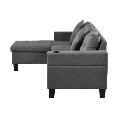 Modern gray fabric sectional sofa with L-shaped chaise and cup holder 4 seats HouseOfZazla on Tampa Home & Garden Store