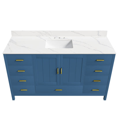 60-inch solid wood bathroom vanity with Carrara sink, blue base, white marble countertop on Tampa Home & Garden Store