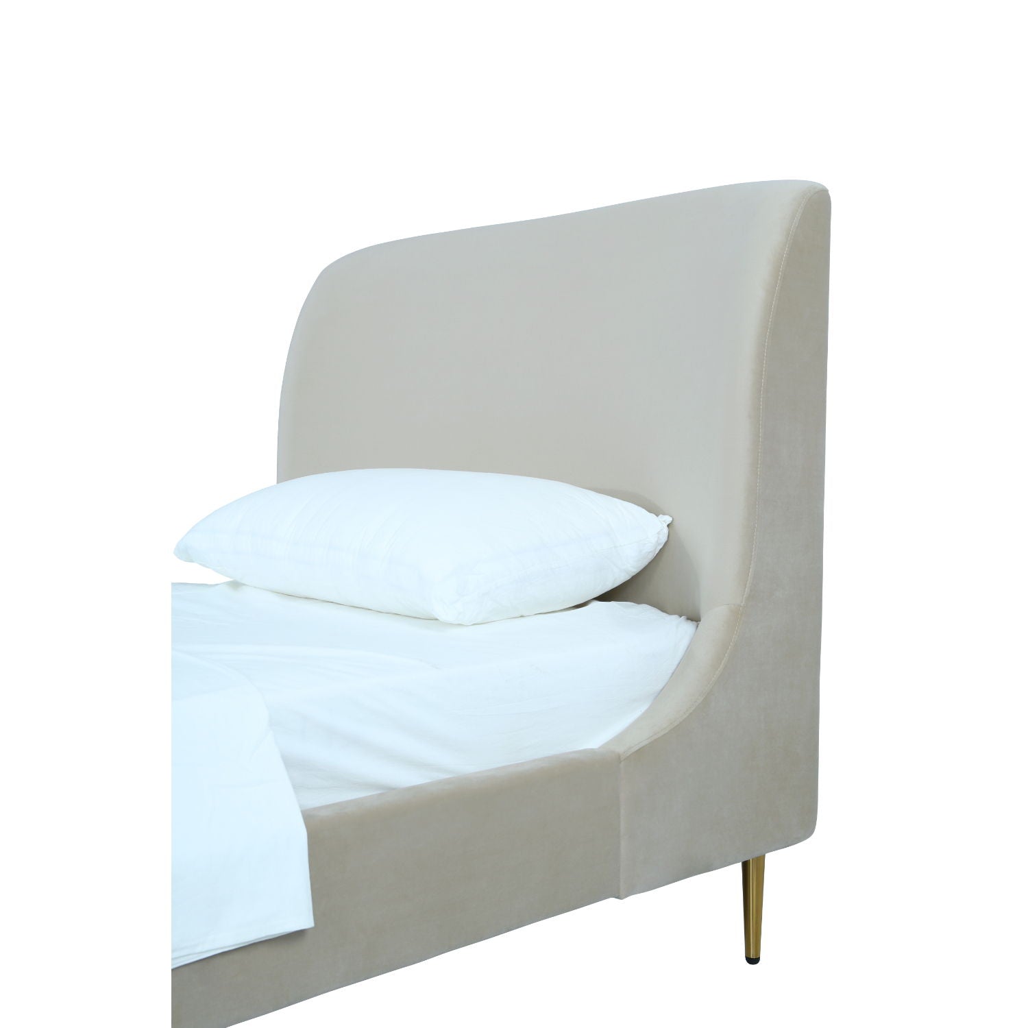 Mid-Century Modern upholstered bed with curved beige headboard and gold legs HouseOfZazla on Tampa Home & Garden Store