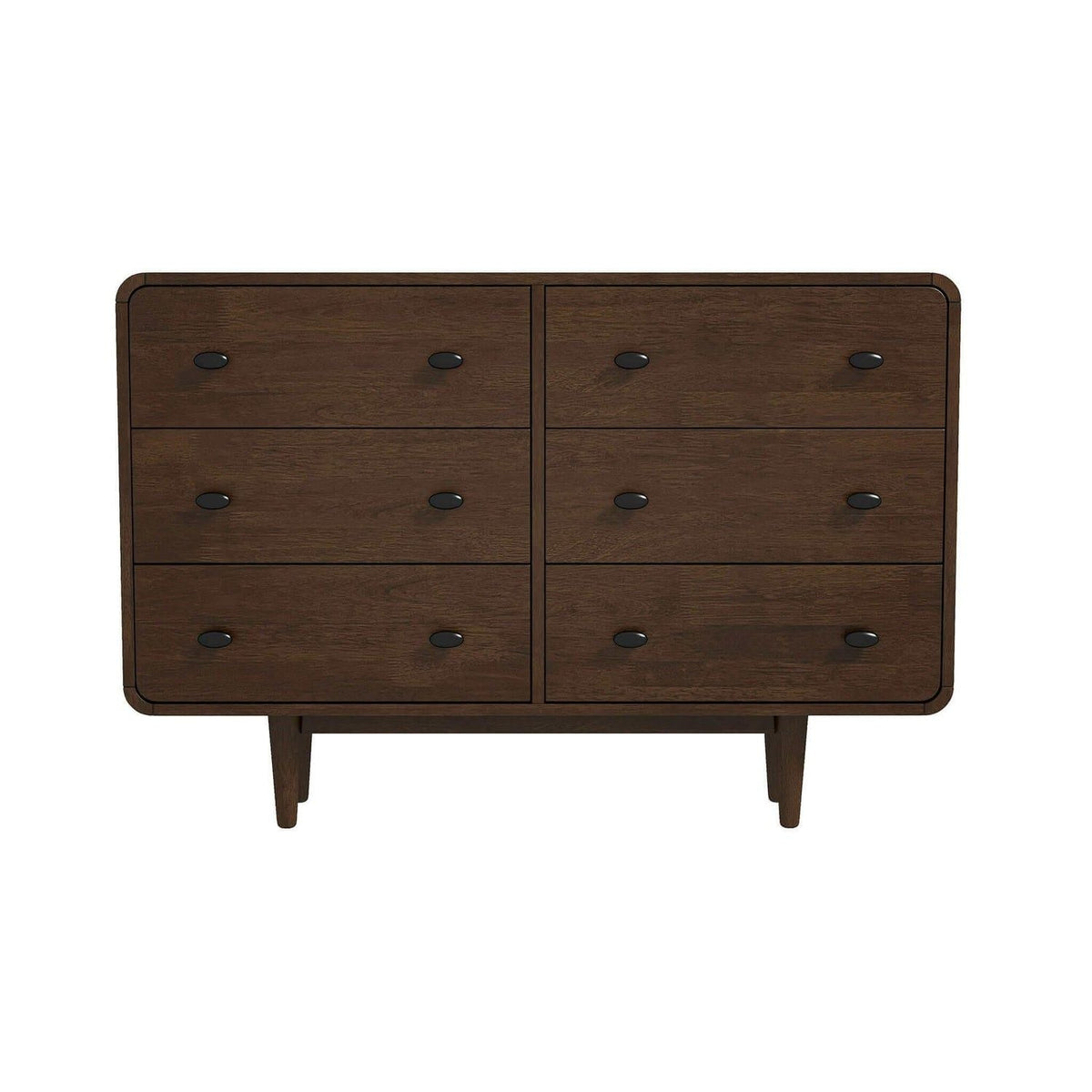 Mid-Century Modern dresser brown solid wood, 6 drawers, oval black pulls, tapered legs on Tampa Home & Garden Store