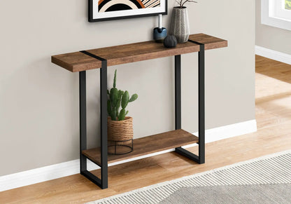 Accent console table with warm wood top and black metal frame for entryway decor on Tampa Home & Garden Store