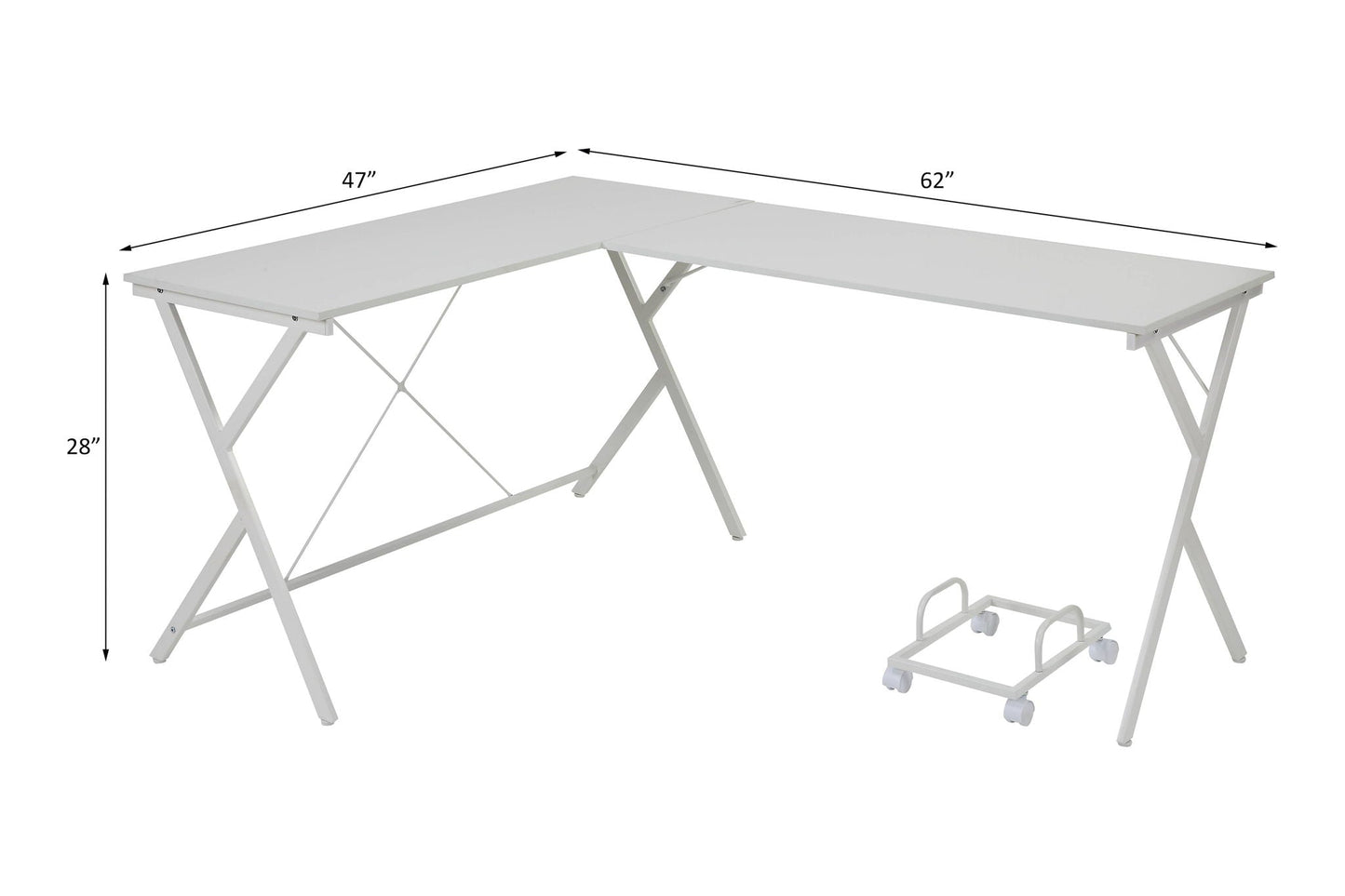 Dazenus Computer Desk, white L-shaped corner desk with metal X-frame legs on Tampa Home & Garden Store