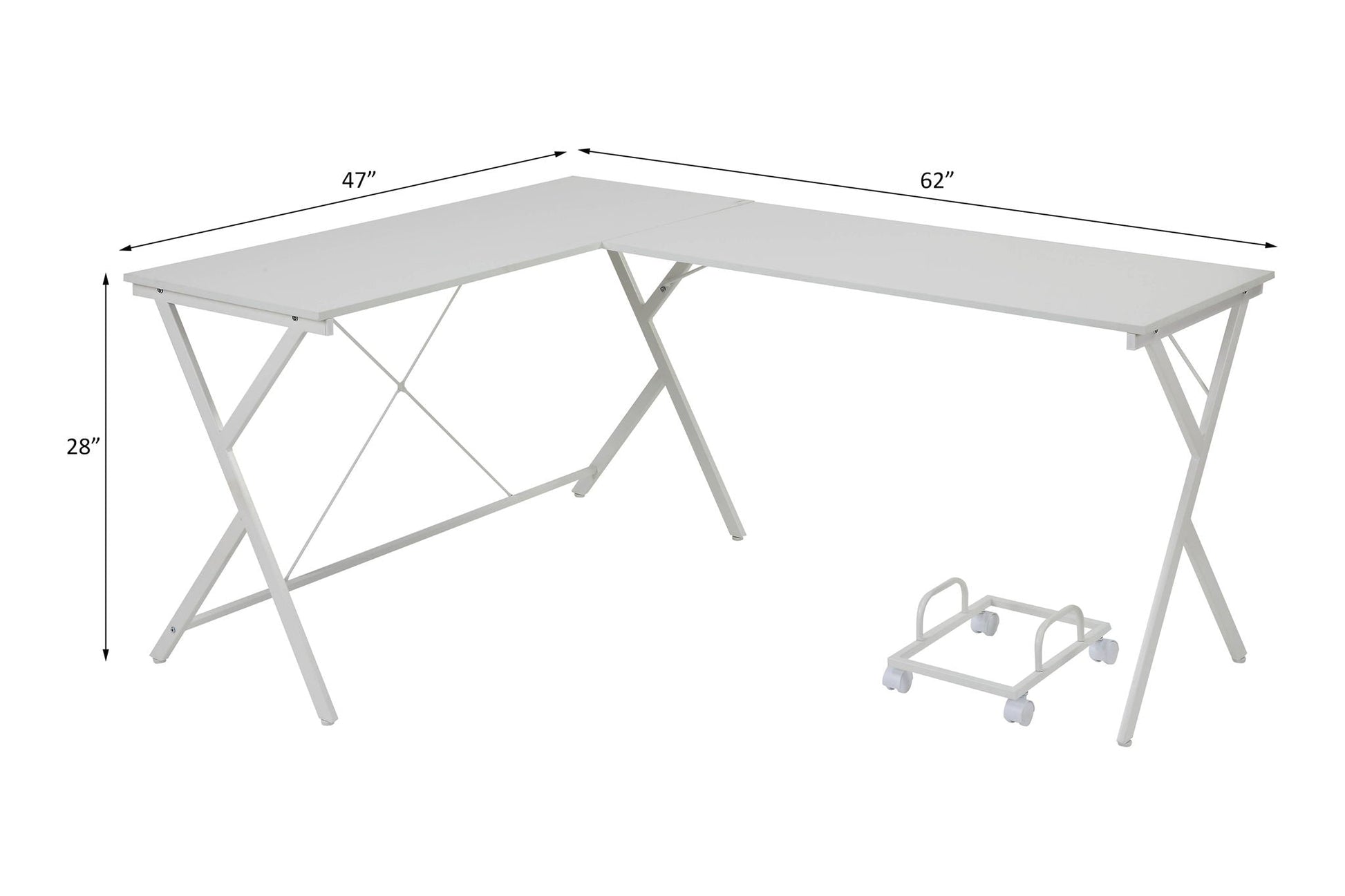 Dazenus Computer Desk, white L-shaped corner desk with metal X-frame legs on Tampa Home & Garden Store