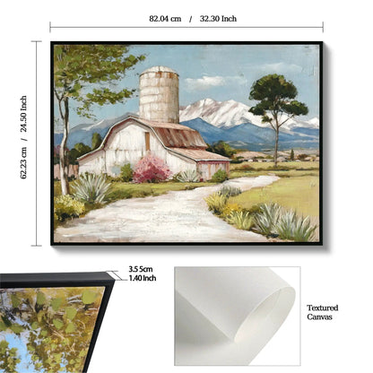 Framed canvas wall art of barn with silo and mountains in blue pink Unique Piece Furniture on Tampa Home & Garden Store