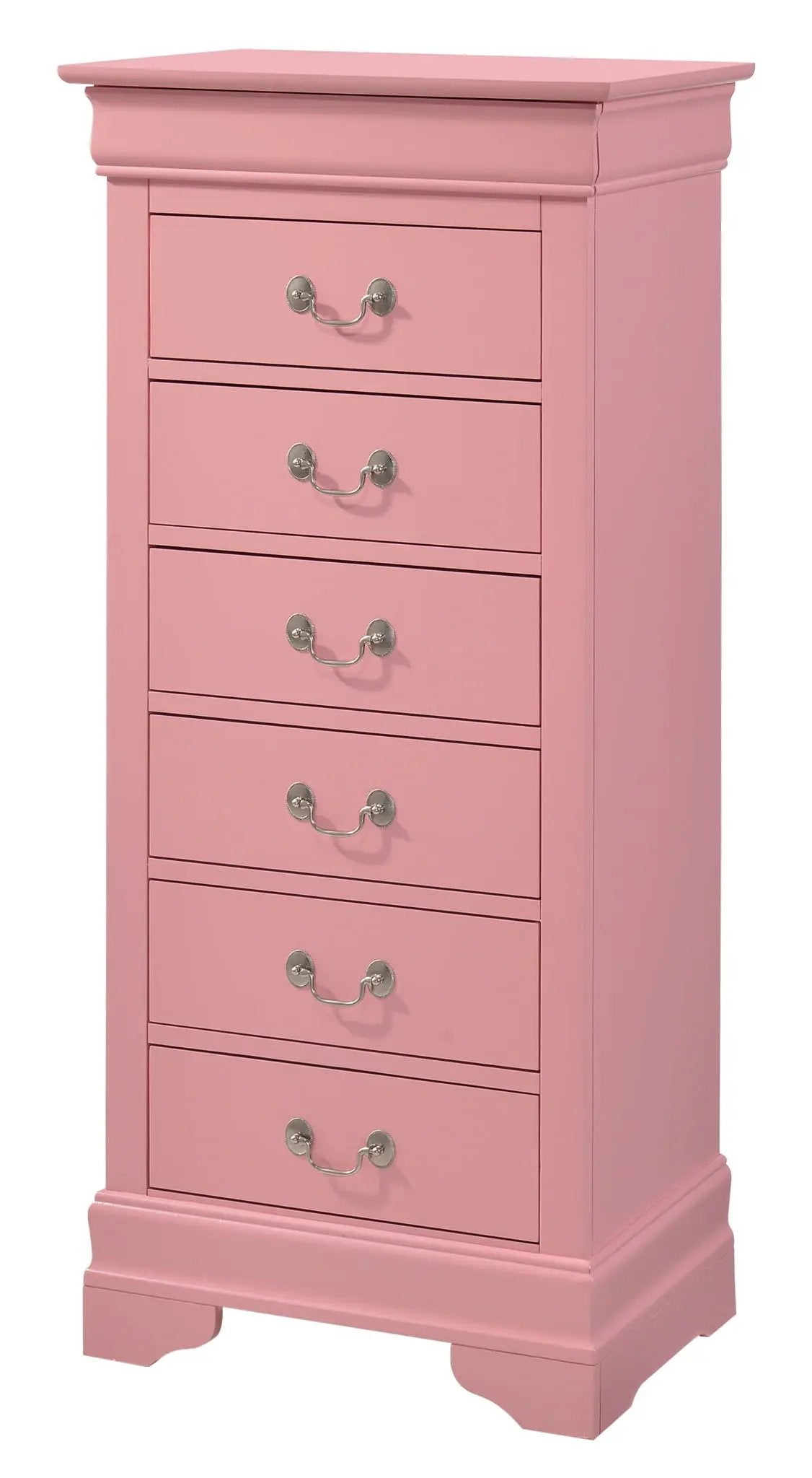 Traditional style lingerie storage chest in pink finish with silver cup pulls on Tampa Home & Garden Store