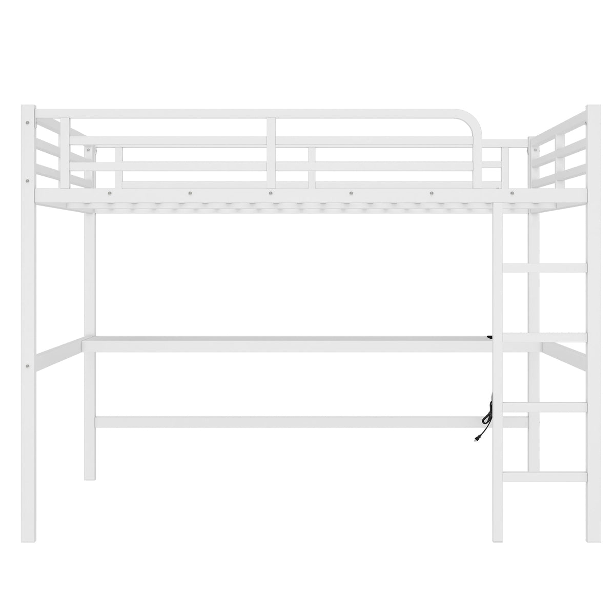 Metal queen loft bed frame with curved guard rail and right-side ladder, cord visible on Tampa Home & Garden Store