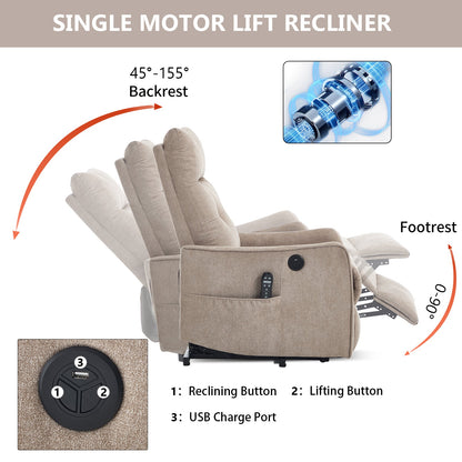 Khaki chenille power lift recliner chair with massage and heat, side-pocket remote visible on Tampa Home & Garden Store
