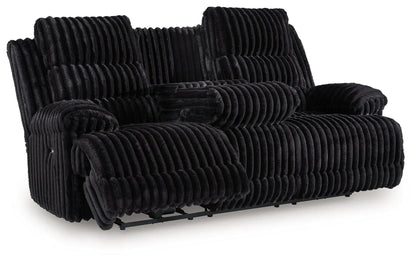 Rhine Falls reclining power sofa Onyx with ribbed black velvet upholstery on Tampa Home & Garden Store