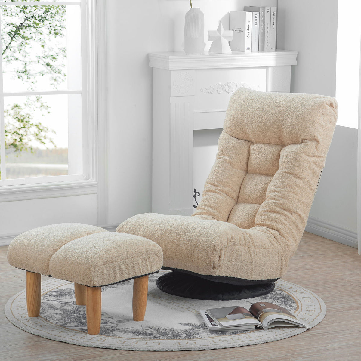 Adjustable Japanese reclining floor chair and ottoman by HouseOfZazla in beige plush fabric on Tampa Home & Garden Store