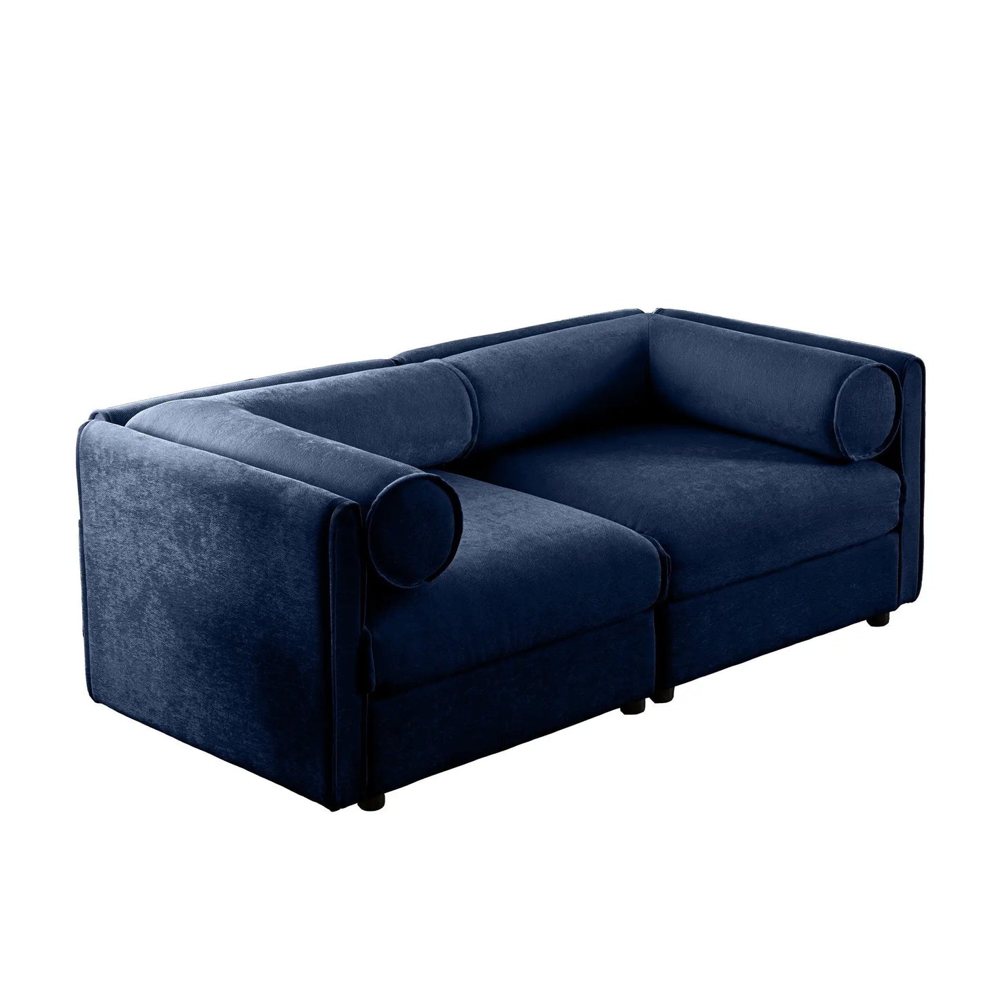 Stylish sofa with storage seat and cylindrical backrest in blue velvet upholstery on Tampa Home & Garden Store