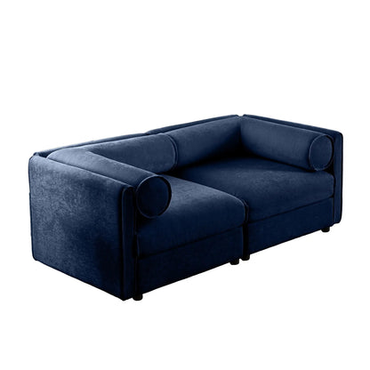 Stylish sofa with storage seat and cylindrical backrest in blue velvet upholstery on Tampa Home & Garden Store