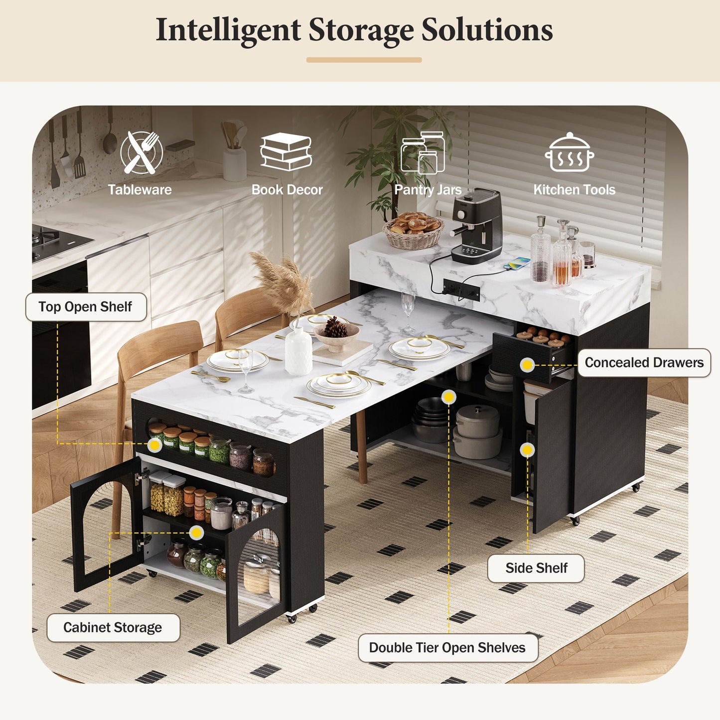 Extendable Table and Rolling Kitchen Island Cart
