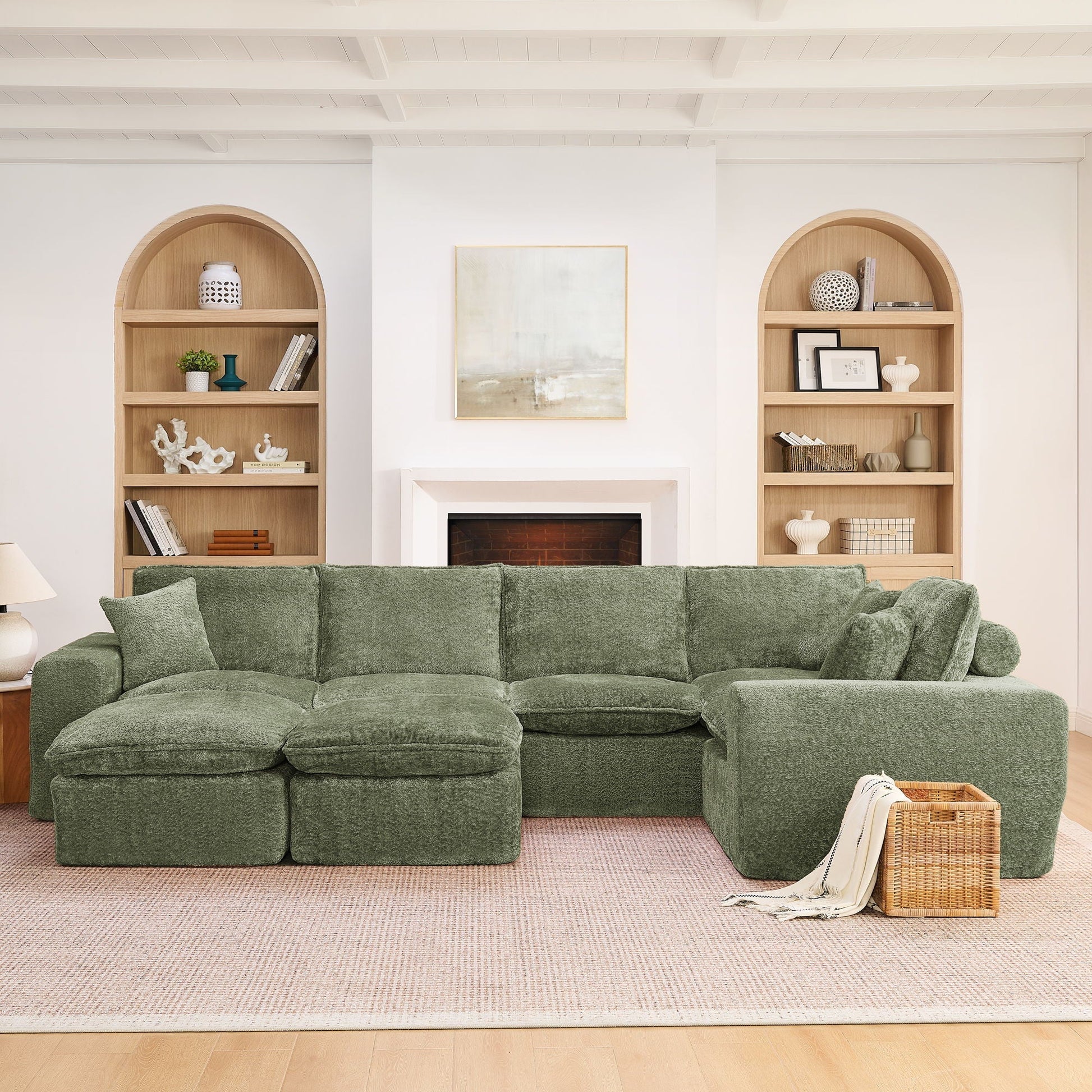 Sectional sofa with moveable ottoman in green fabric, 3-piece HouseOfZazla living room set on Tampa Home & Garden Store