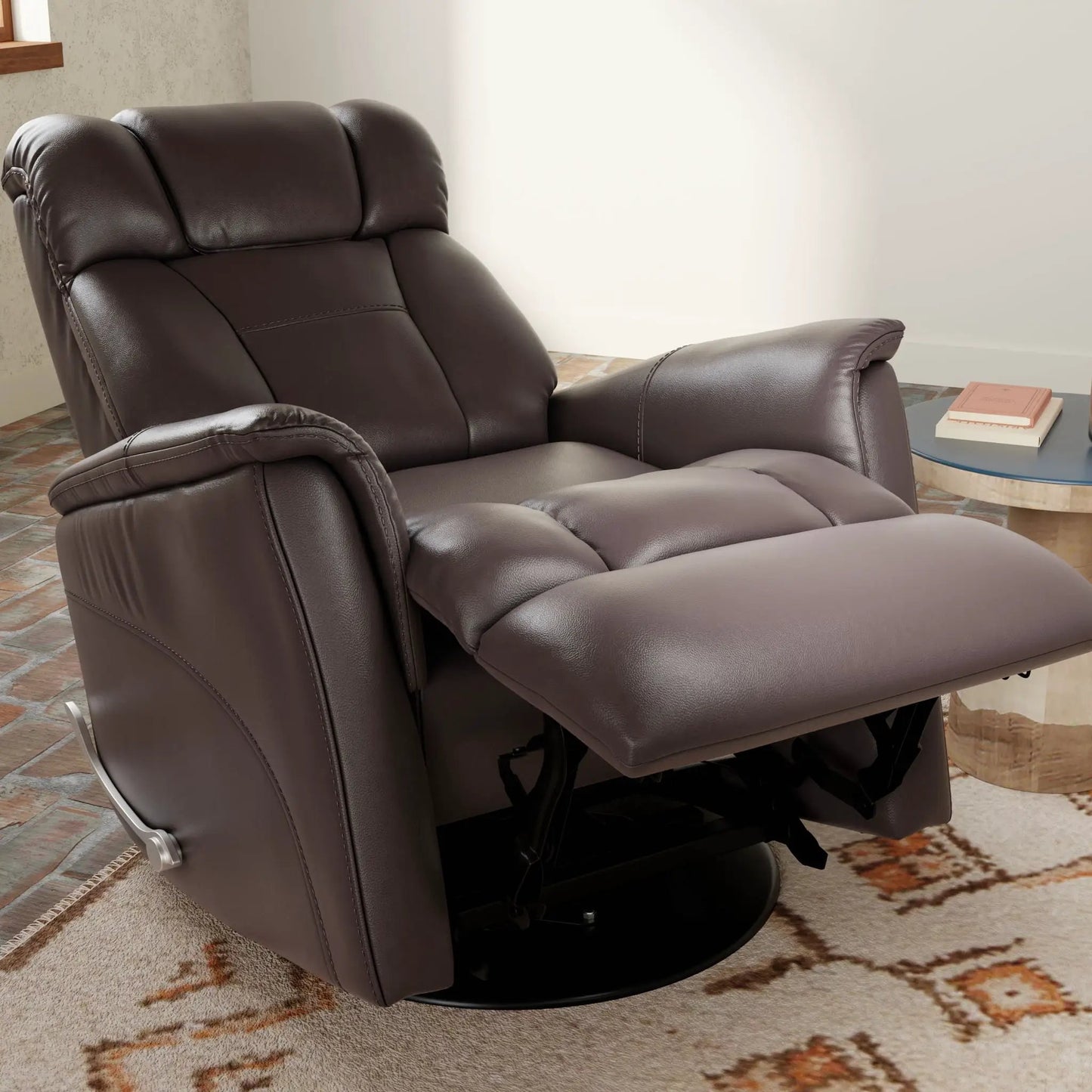 Bentley Swivel Glider Recliner in dark brown leather with manual headrest and footrest on Tampa Home & Garden Store
