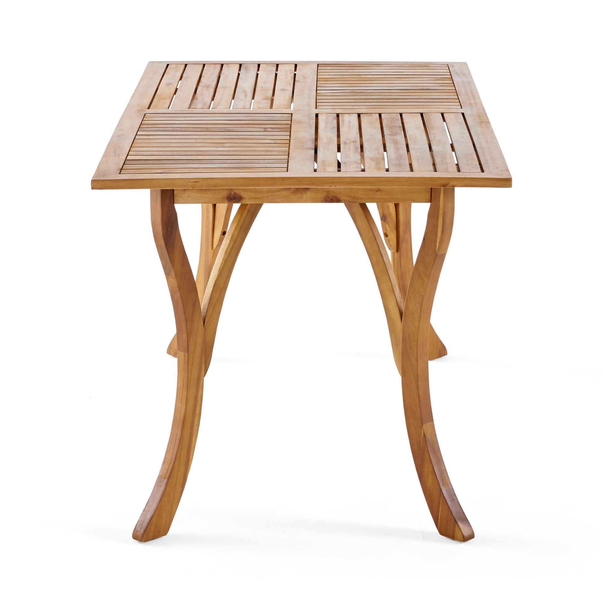 Outdoor Hermosa wooden dining table with a slatted top and curved legs on Tampa Home & Garden Store