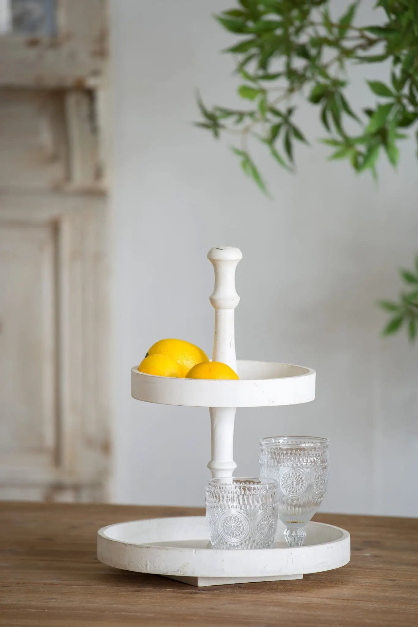 Two Tier Round Wooden Tray in White Finish