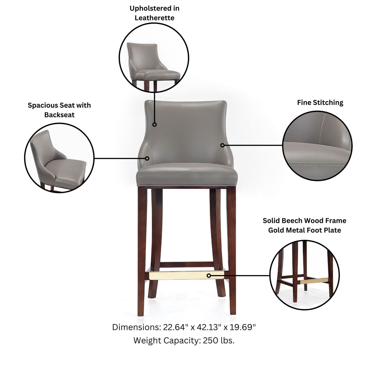 Shubert Barstool leatherette gray seat with beech wood frame 28-30in bar height HouseOfZazla on Tampa Home & Garden Store