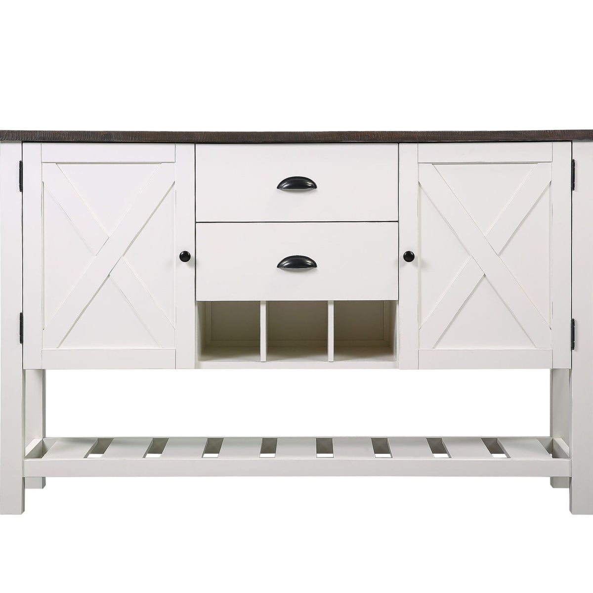 2 Drawer Server with Brown Wood Top, white base, cross-panel doors on Tampa Home & Garden Store