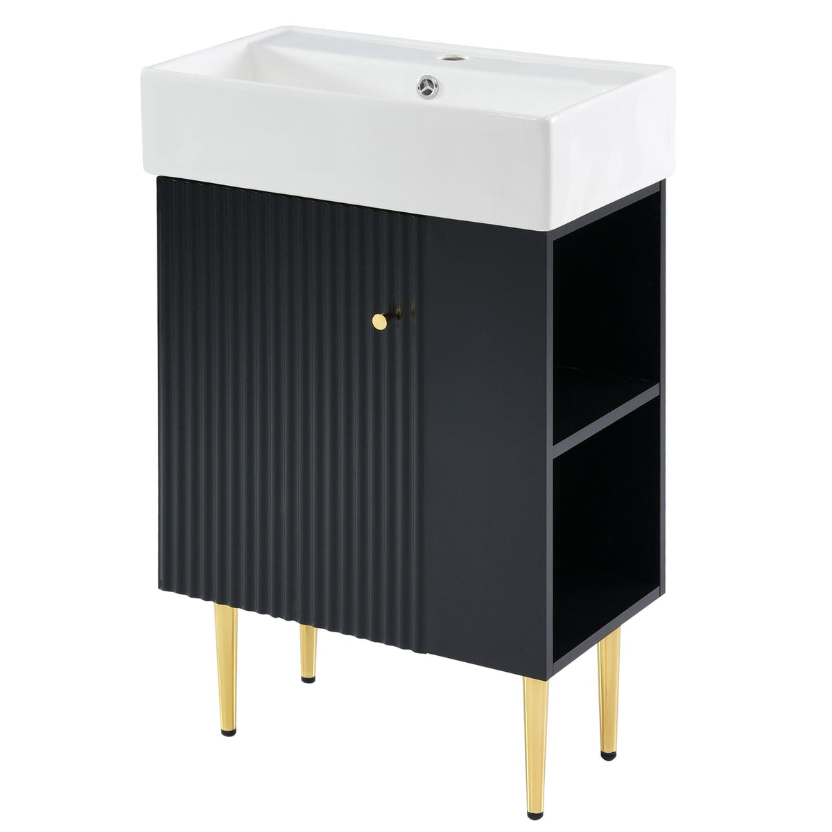 Bathroom vanity with ceramic sink, white top, black ribbed cabinet, gold legs HouseOfZazla on Tampa Home & Garden Store