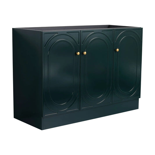 Three-door freestanding bathroom vanity in deep teal with arched panel fronts and gold knobs on Tampa Home & Garden Store